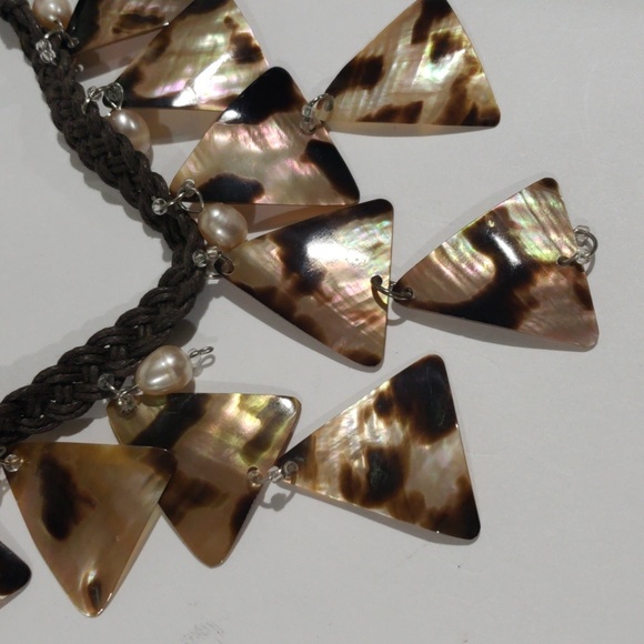 Braided Brown Cord Beaded Seashell Triangle Shape Necklace - Women's Jewelry - Picture 4 of 7